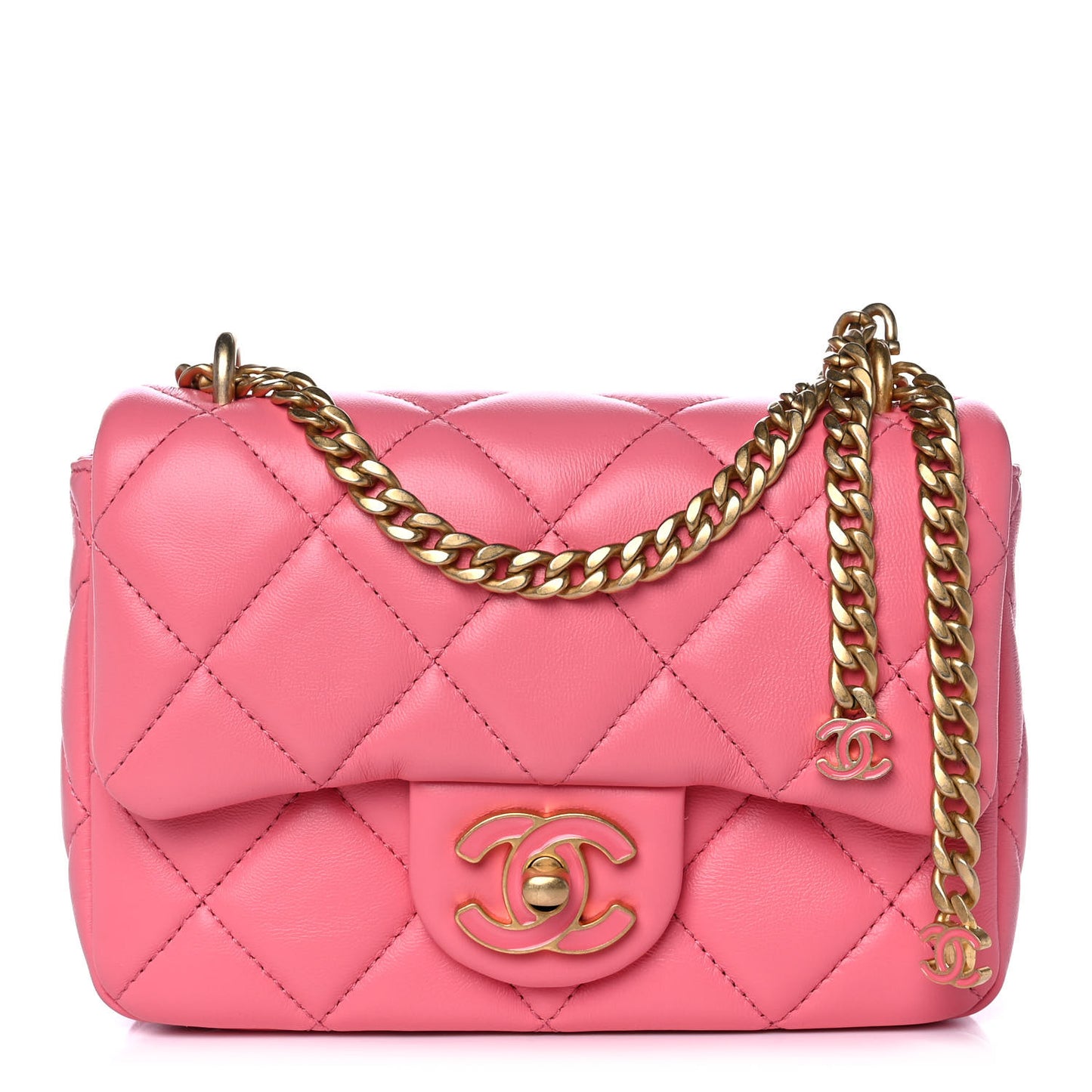 Lambskin Enamel Quilted Pending CC Mini Square Flap Pink