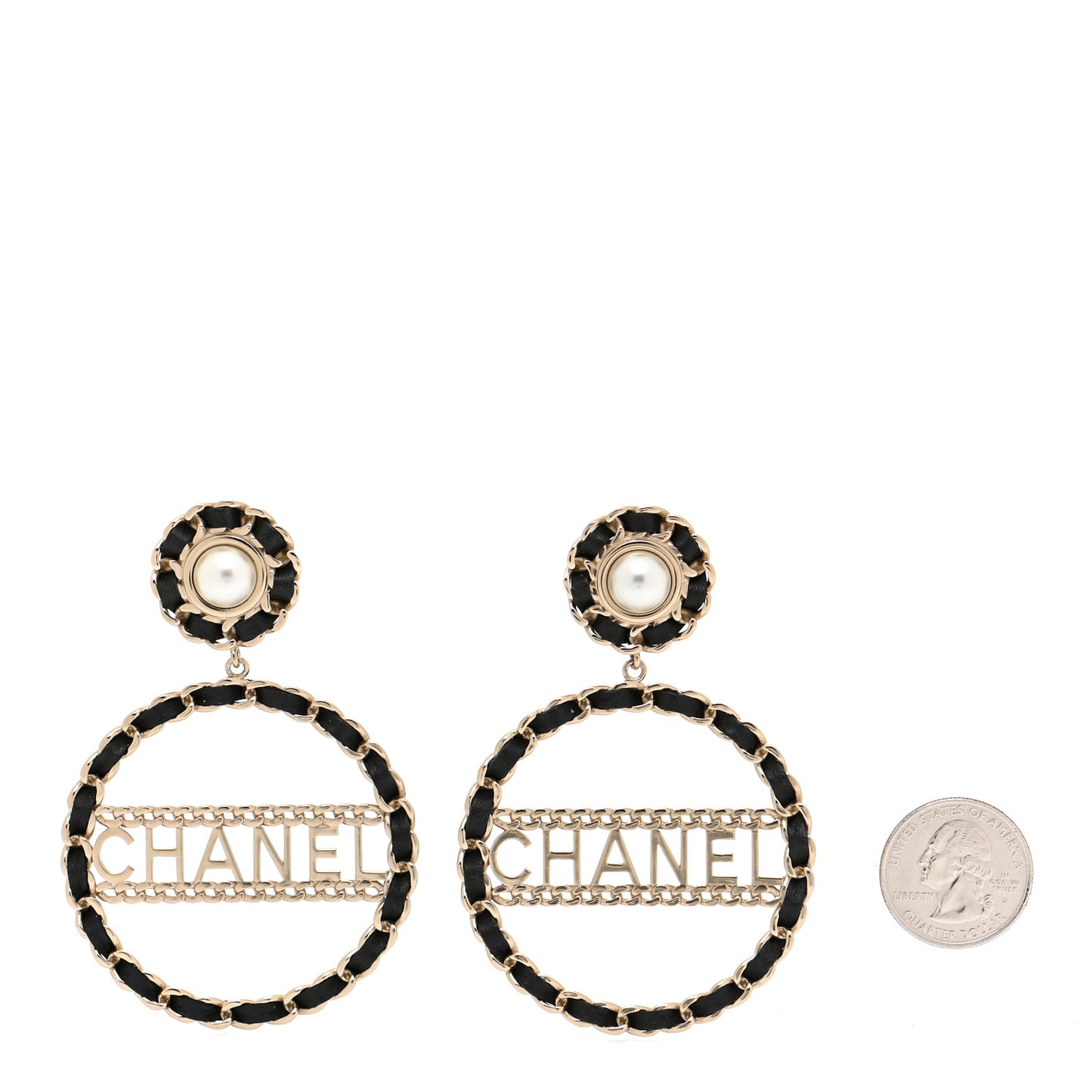 Pearl Lambskin Chain Logo Hoop Clip On Earrings Black Gold