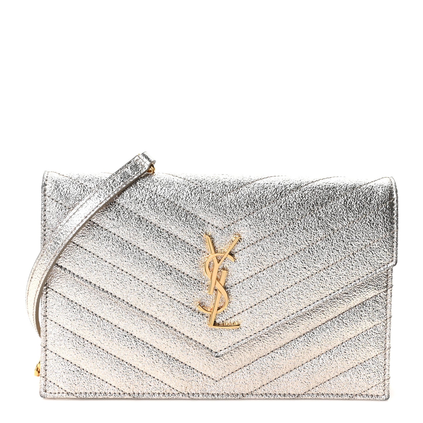 Metallic Crackled Calfskin Matelasse Chevron Monogram Envelope Chain Wallet Gold