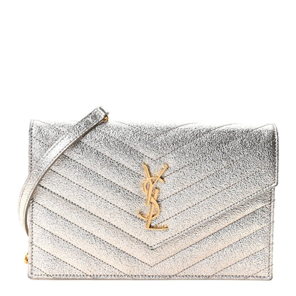 Saint Laurent Metallic Crackled Calfskin Matelasse Chevron Monogram Envelope Chain Wallet Gold 1 of 11