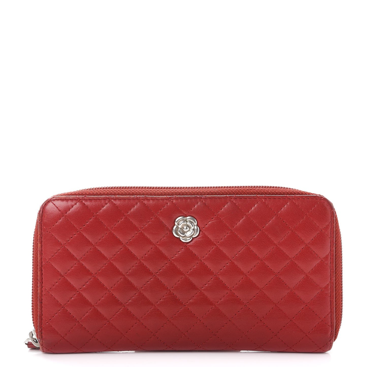 Lambskin Quilted Camellia Zip Around Large Gusset Wallet Red