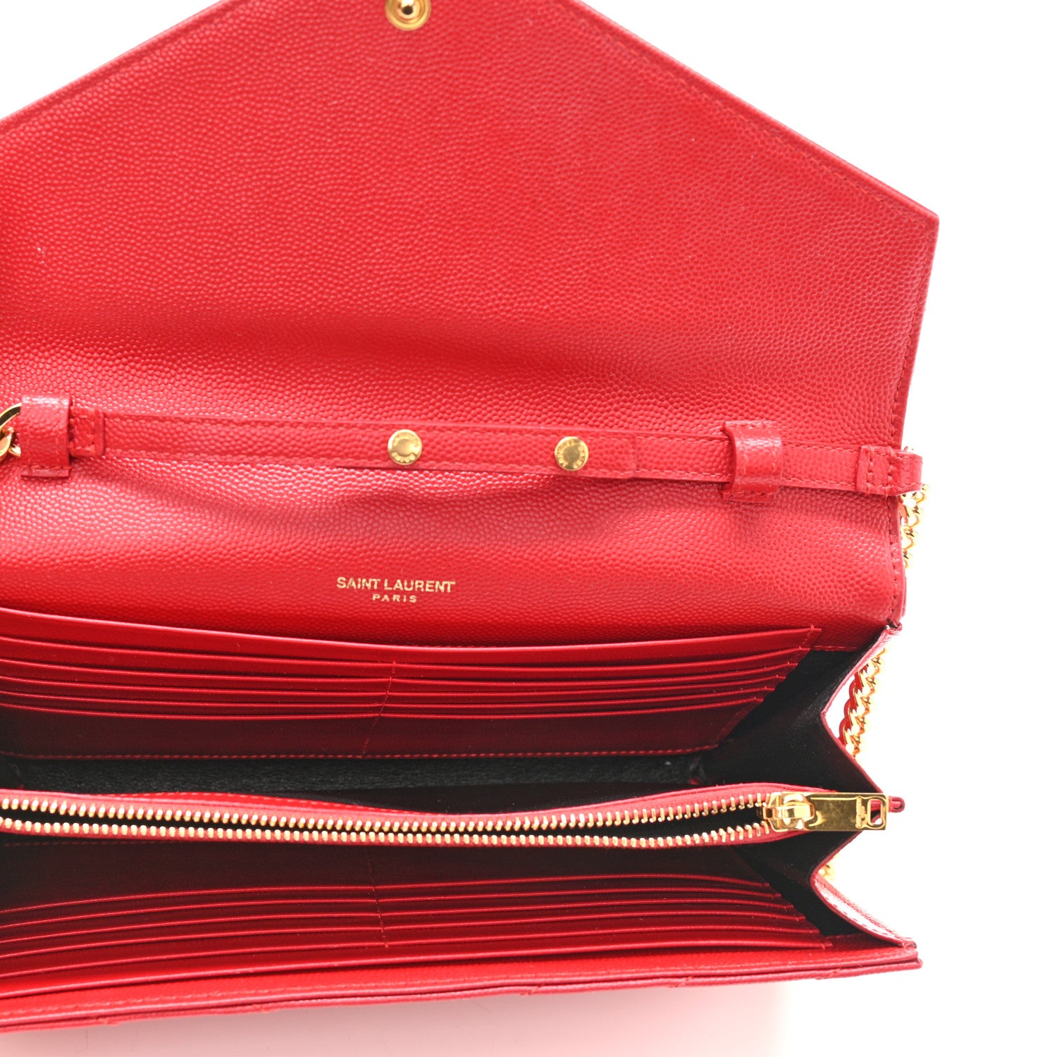 Saint Laurent Grain De Poudre Matelasse Chevron Monogram Chain Wallet New Red 5 of 10