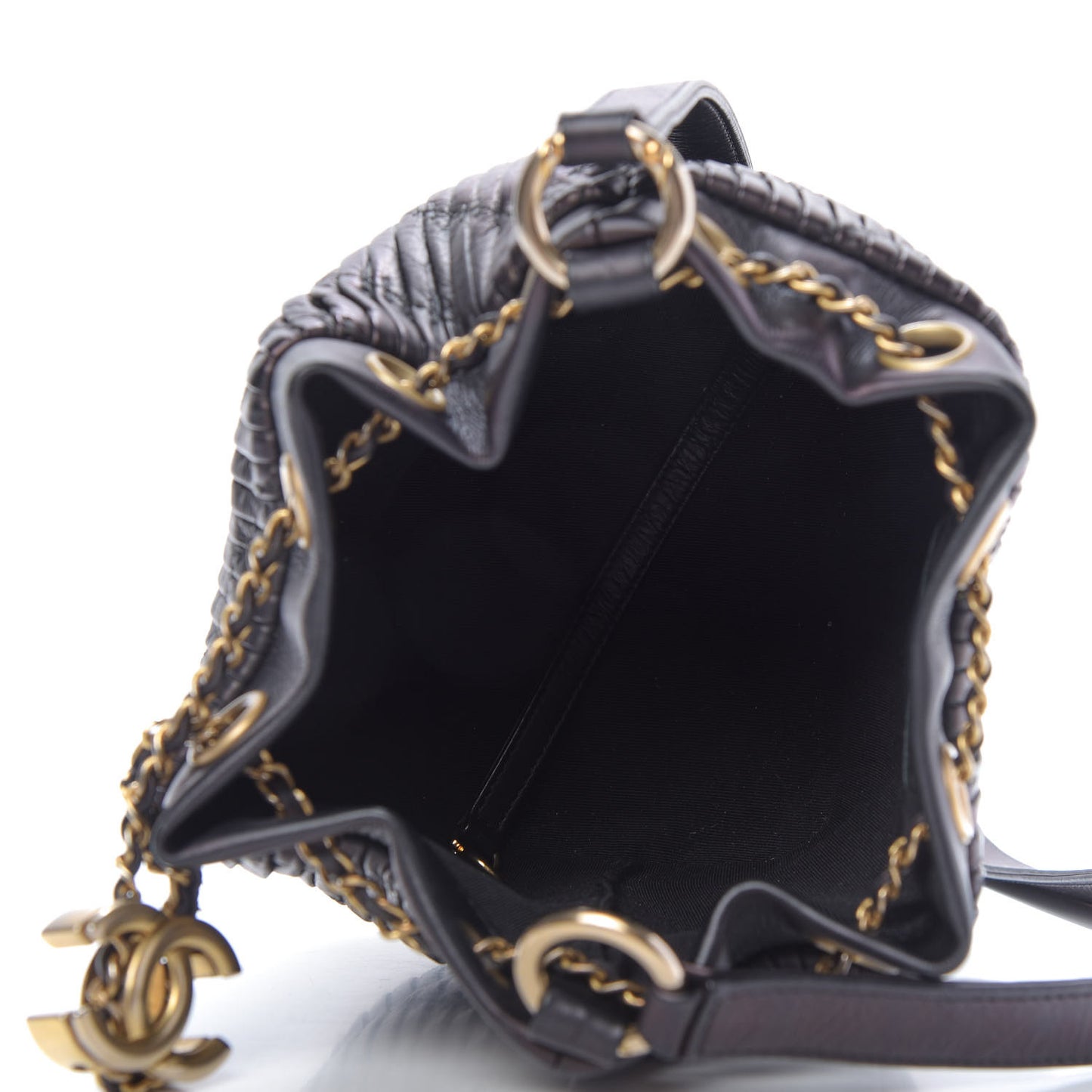 Iridescent Crumpled Calfskin Coco Pleats Small Drawstring Bag Black