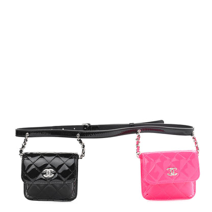 Chanel Patent Quilted Belt In Love Double Mini Flap Waist Bag Black Pink 1 of 16