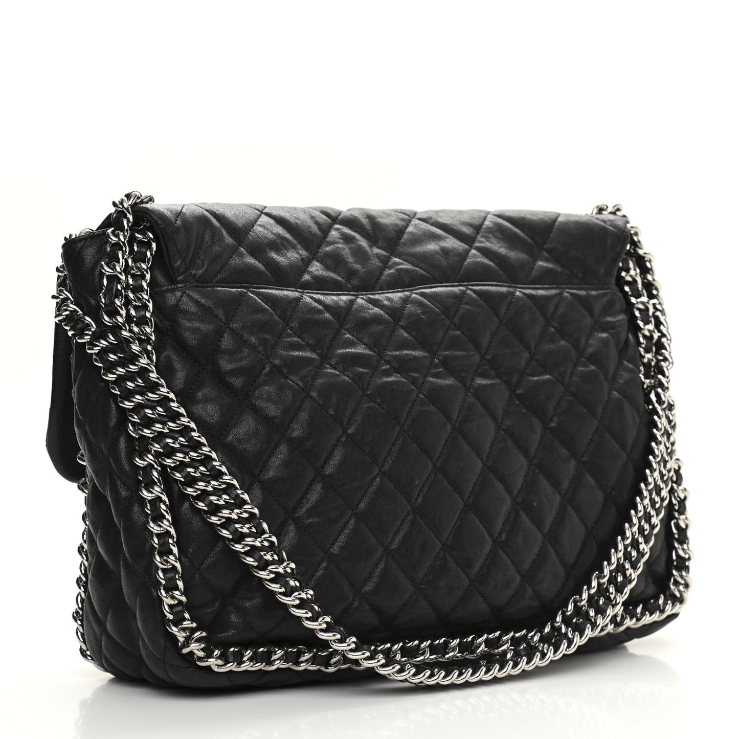 Washed Lambskin Quilted Maxi Chain Around Flap Black