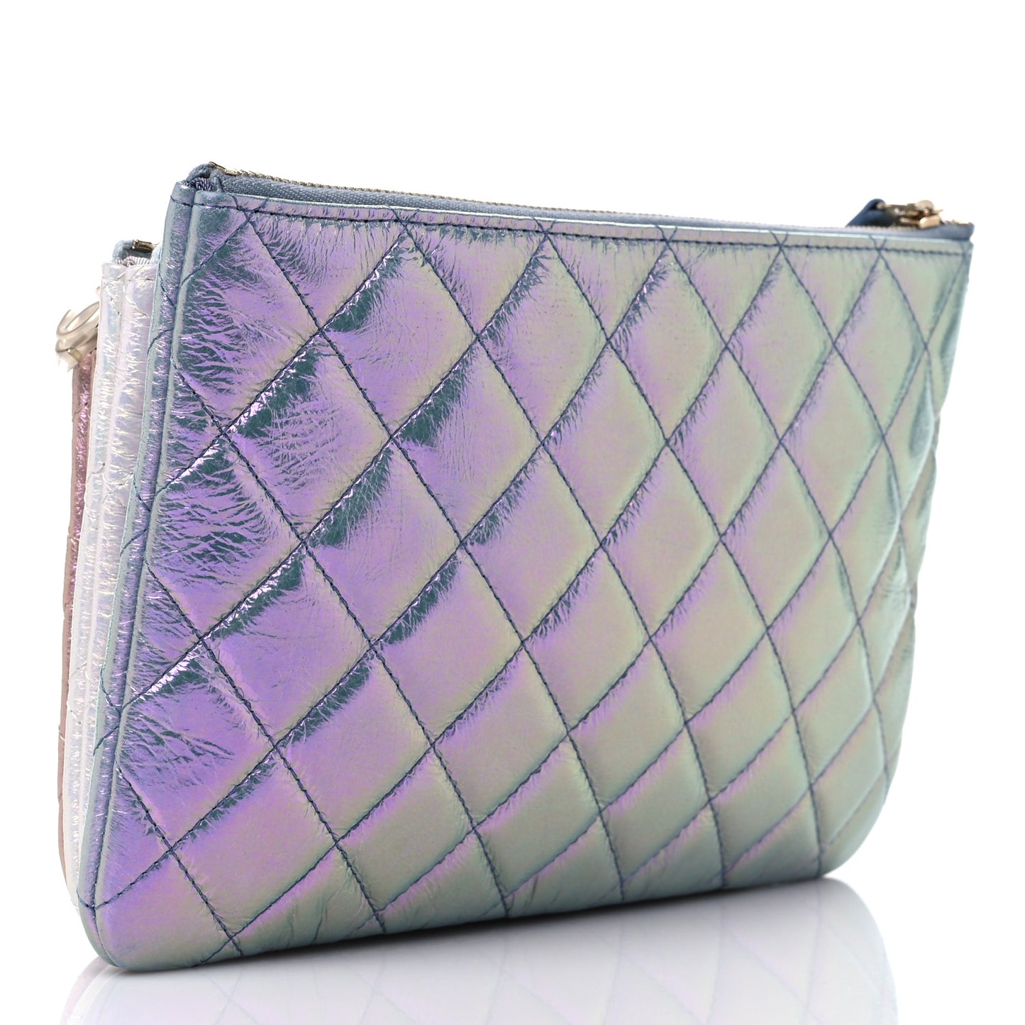 Iridescent Crumpled Calfskin Trio Cosmetic Case Blue Pink Ivory
