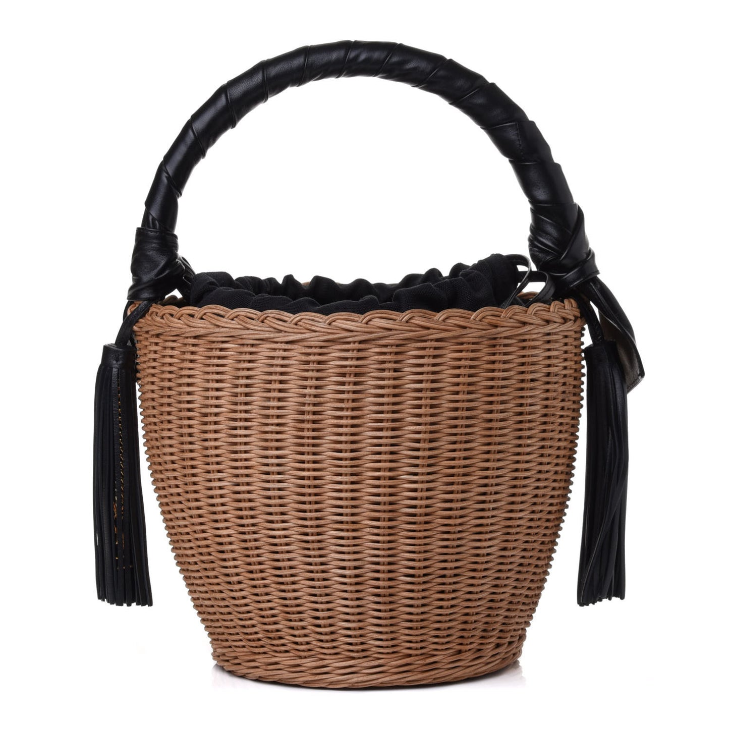 Wicker Calfskin Panier Round Bag Brown