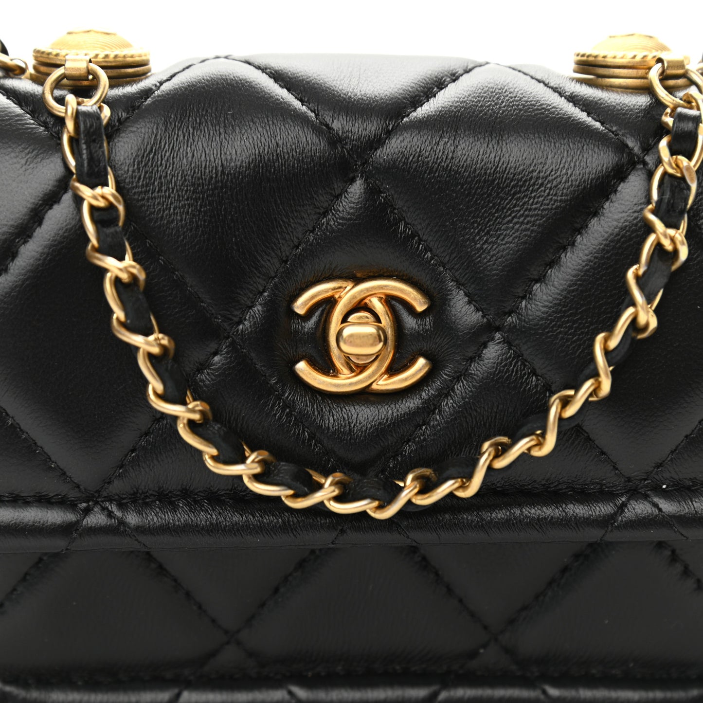 Shiny Lambskin Quilted Extra Mini Flap Black