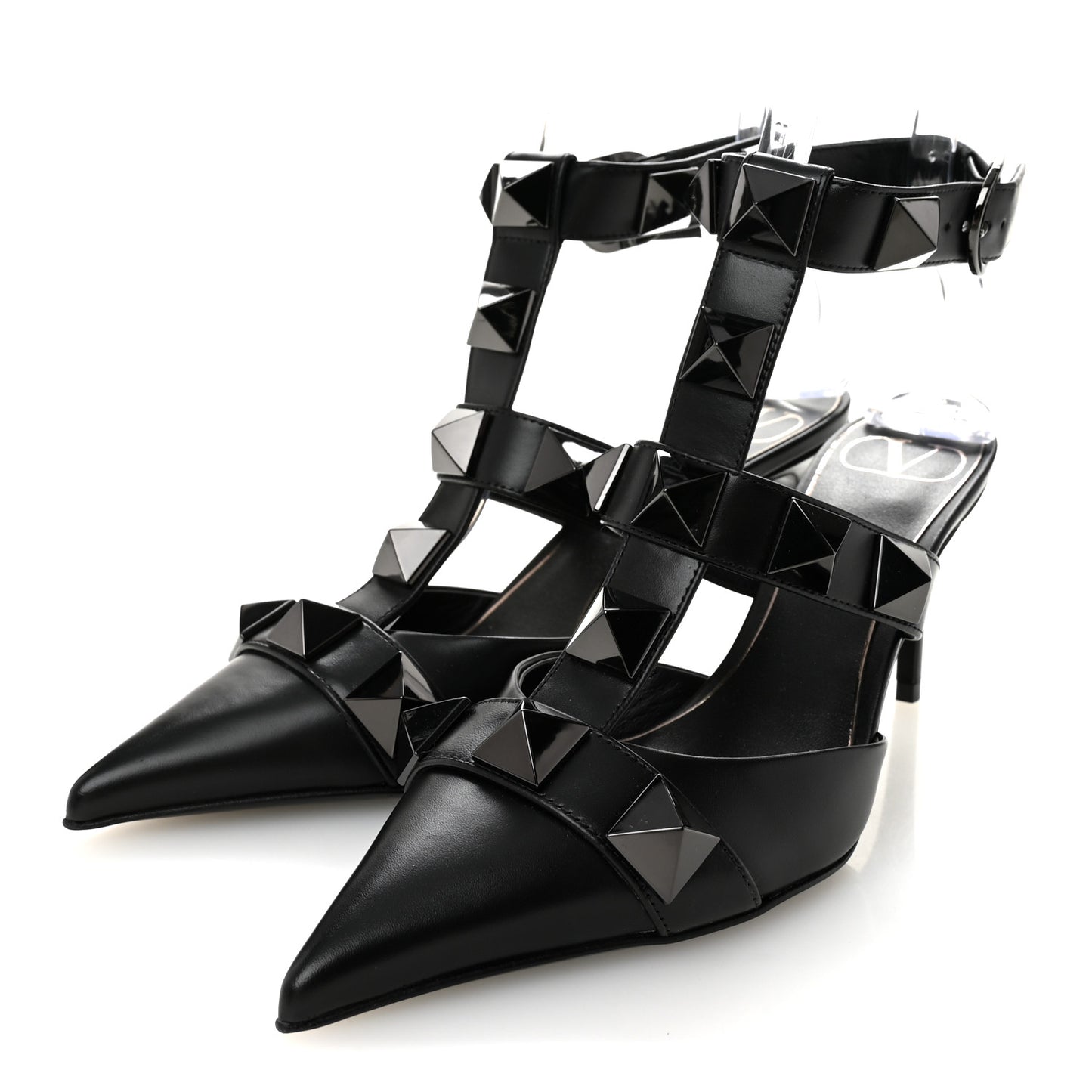 Calfskin Monochrome Roman Stud Ankle Strap 80mm Pumps 36 Black