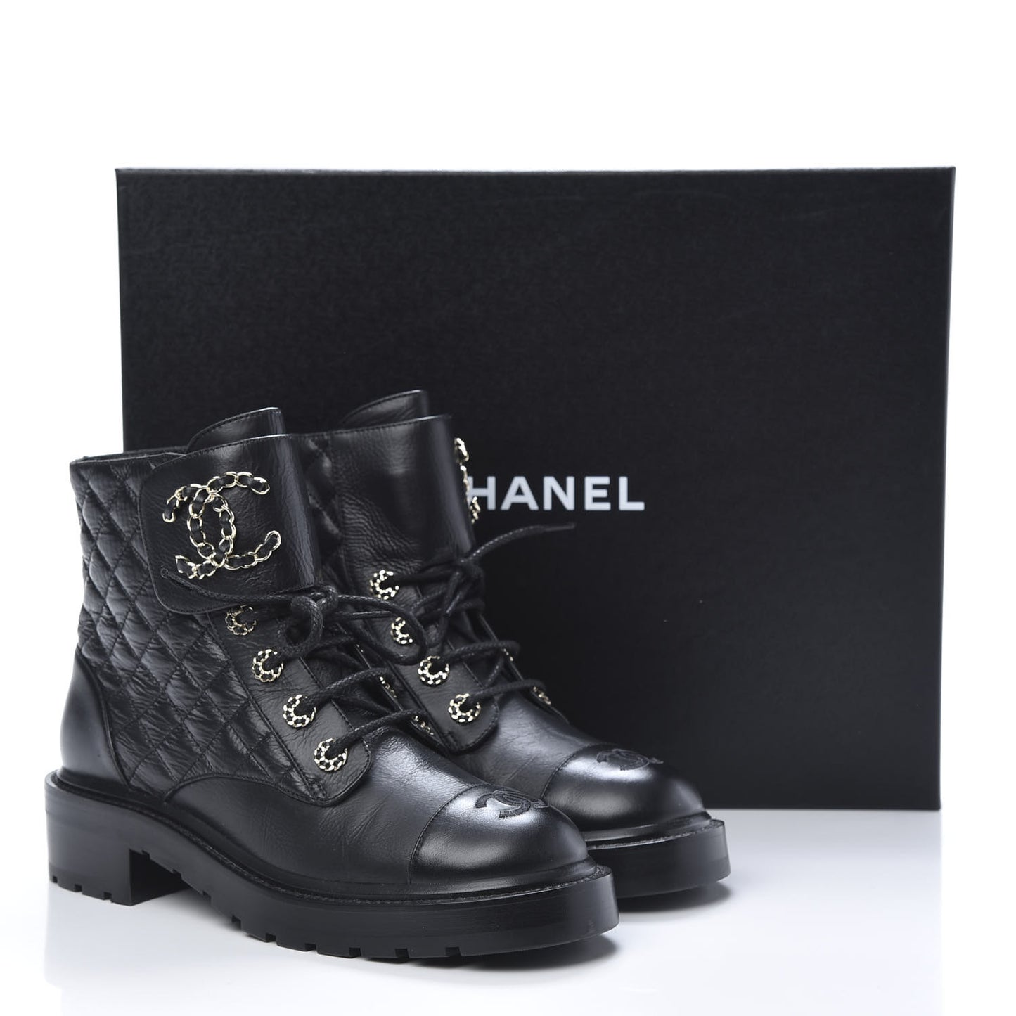 Shiny Goatskin Calfskin Quilted Lace Up Combat Boots 38.5 Black