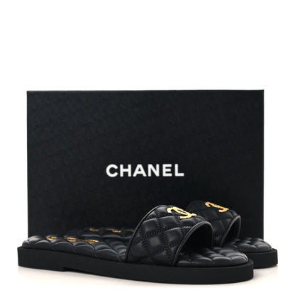 Chanel Lambskin Quilted Textured CC Mules Sandals 39 Black 10 of 10