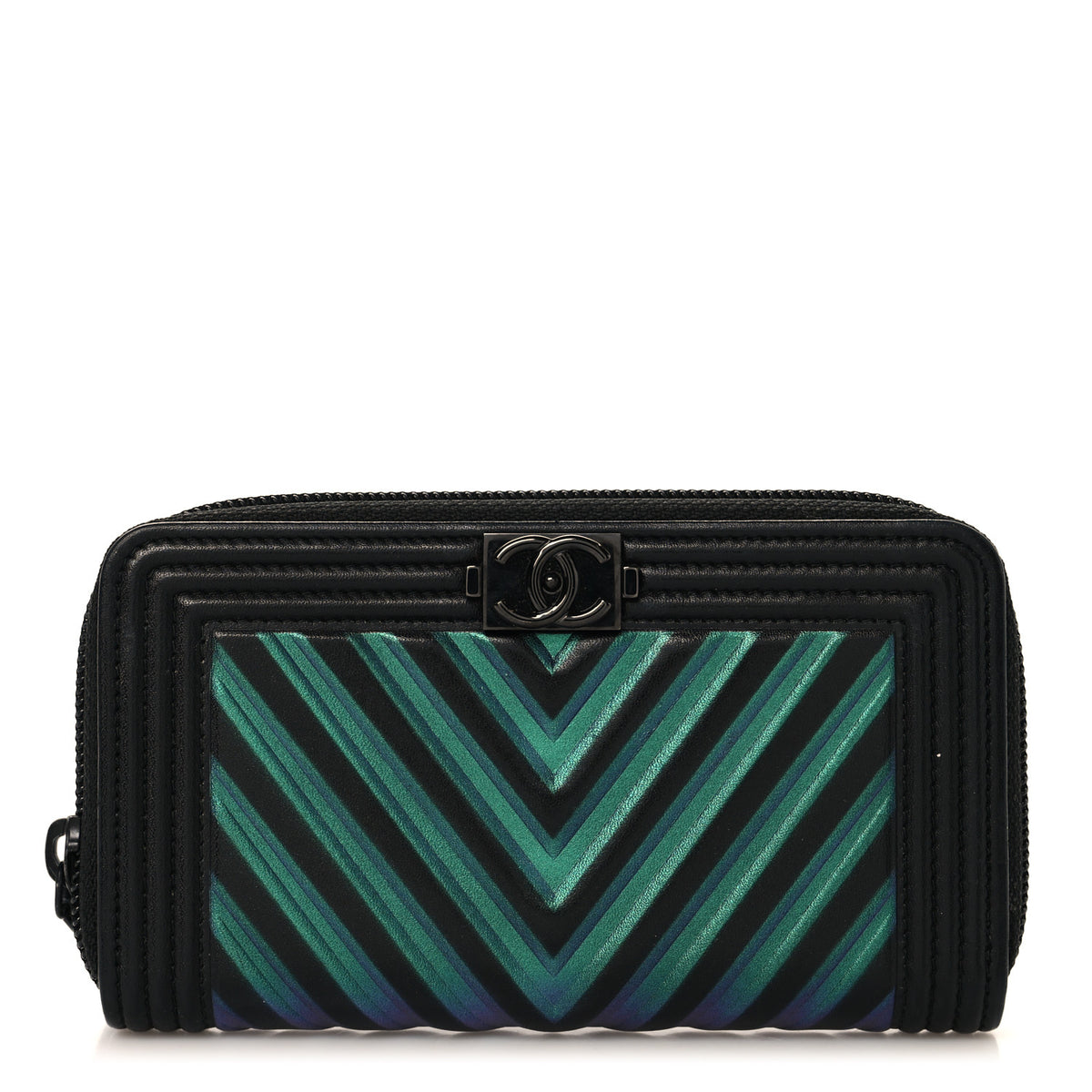 Calfskin Painted Chevron Embossed Small Boy Zip Wallet Black