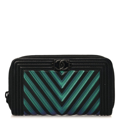 Chanel Calfskin Painted Chevron Embossed Small Boy Zip Wallet Black 1 of 8