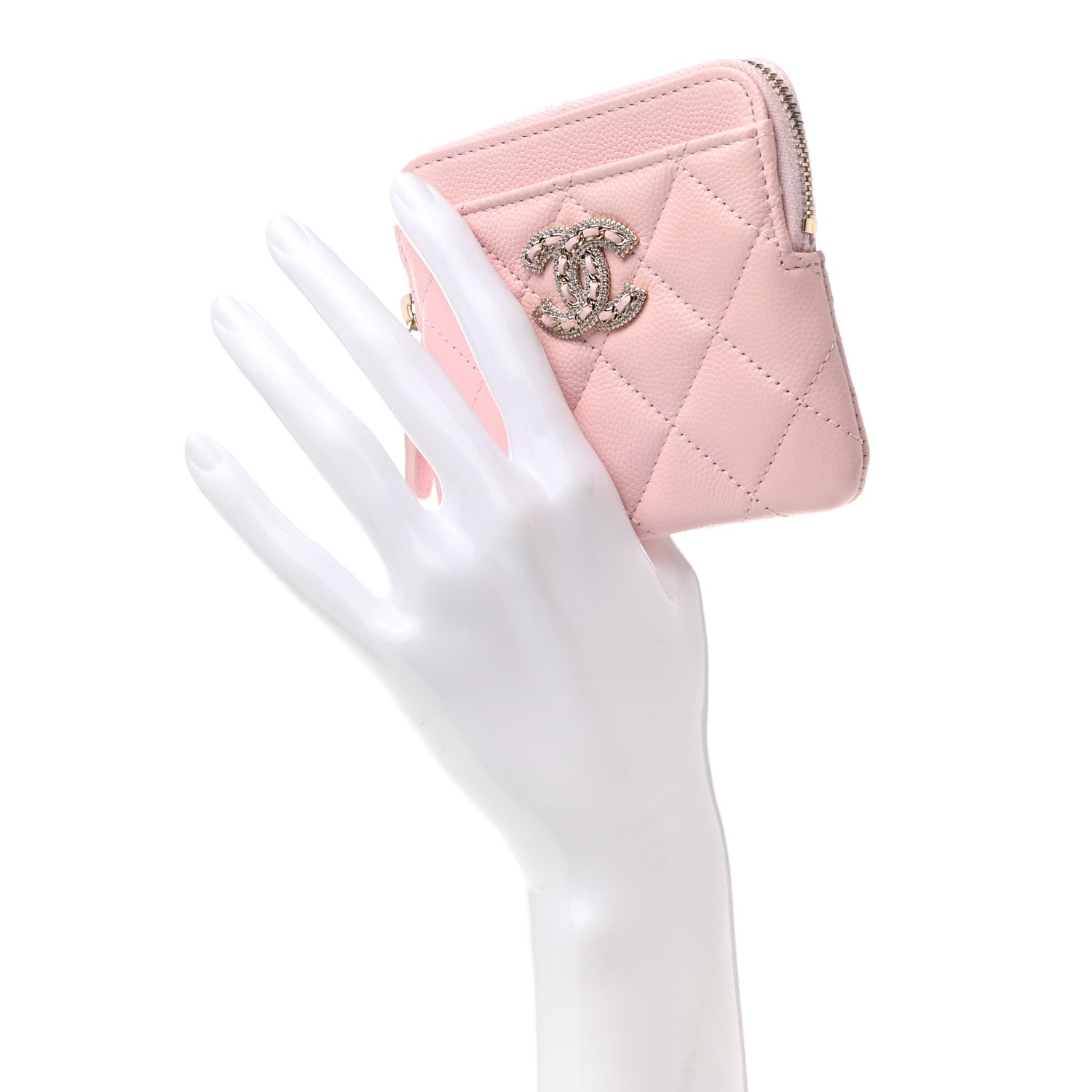 Chanel Caviar Quilted Crystal Zip Card Holder Wallet Light Pink 2 of 8
