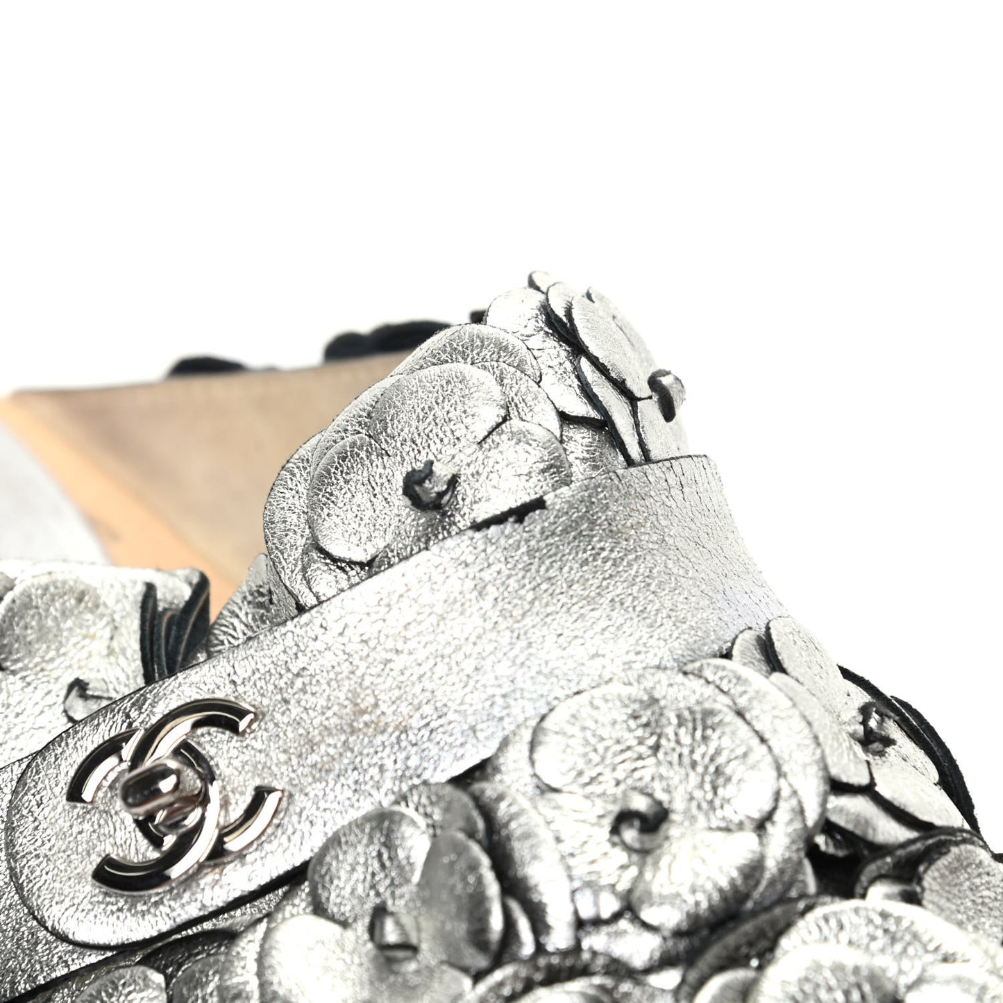 Metallic Crumpled Lambskin Wooden Camellia Mules 37.5 Silver