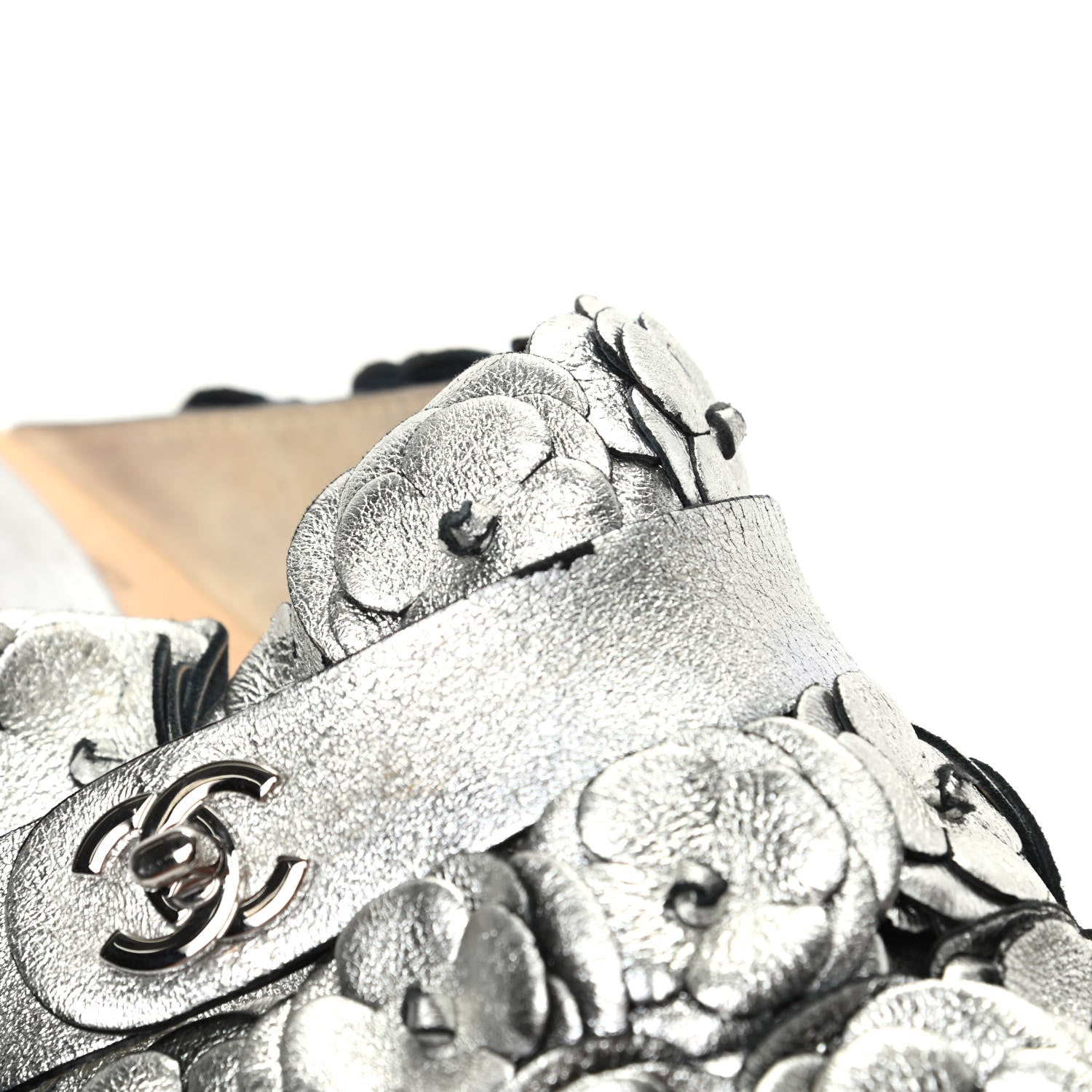Chanel Metallic Crumpled Lambskin Wooden Camellia Mules 37.5 Silver 12 of 12