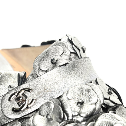 Chanel Metallic Crumpled Lambskin Wooden Camellia Mules 37.5 Silver 12 of 12