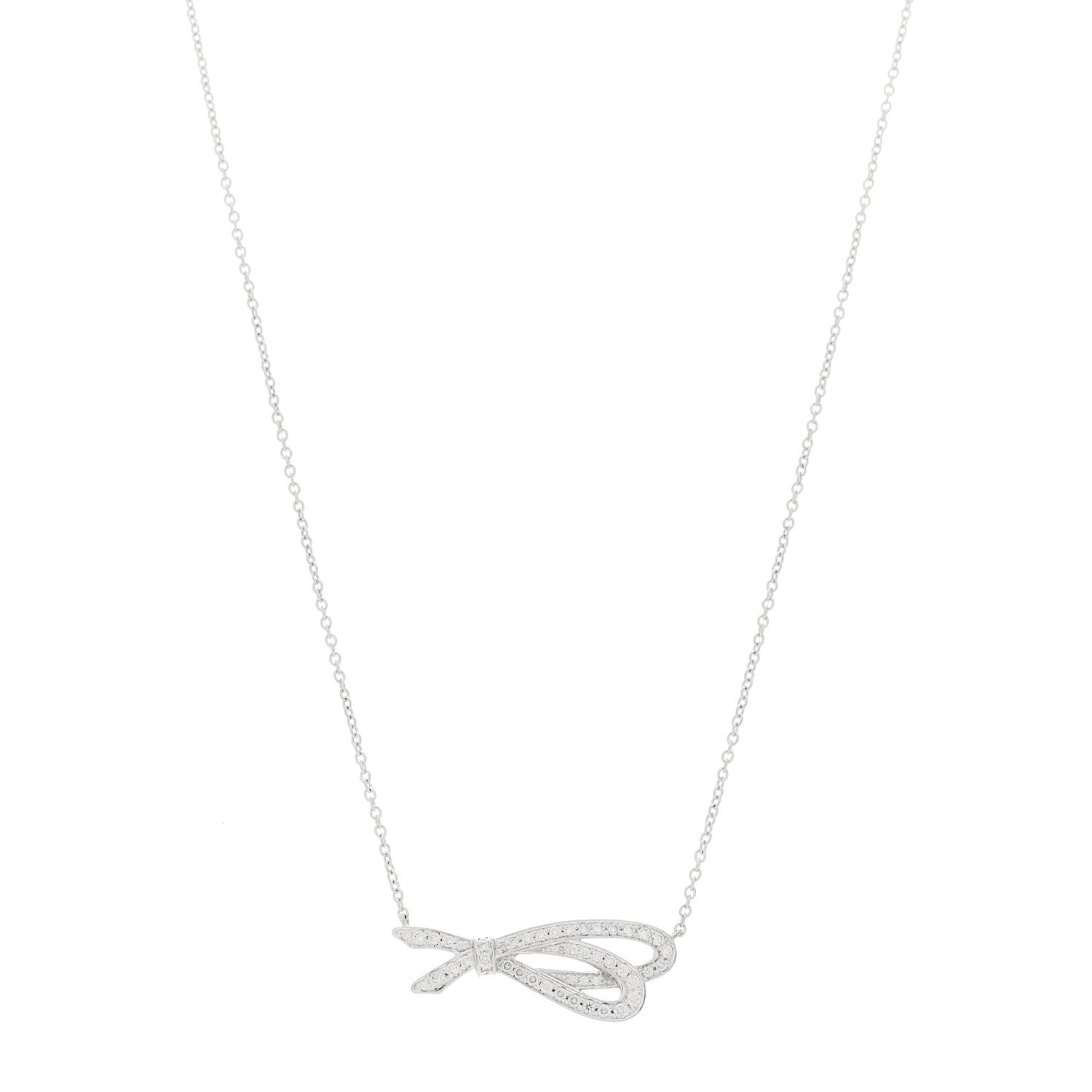 Tiffany 18K White Gold Diamond Bow Pave Pendant Necklace 1 of 6