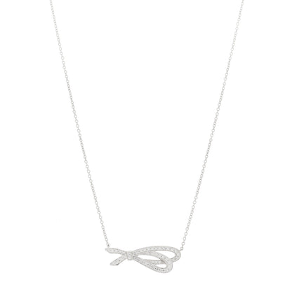 Tiffany 18K White Gold Diamond Bow Pave Pendant Necklace 1 of 6