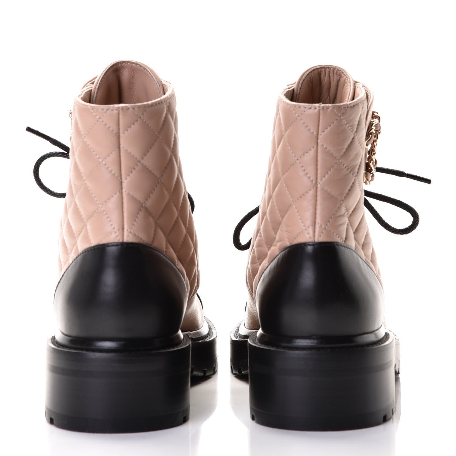 Chanel Shiny Lambskin Quilted Lace Up Combat Boots 39 Beige Black 5 of 8