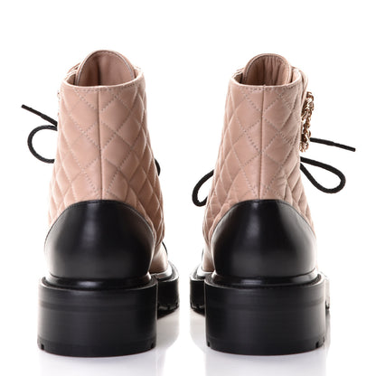 Chanel Shiny Lambskin Quilted Lace Up Combat Boots 39 Beige Black 5 of 8