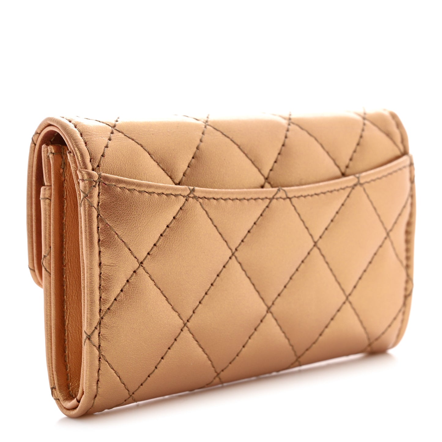 Metallic Lambskin Quilted Flap Card Holder Wallet Golden