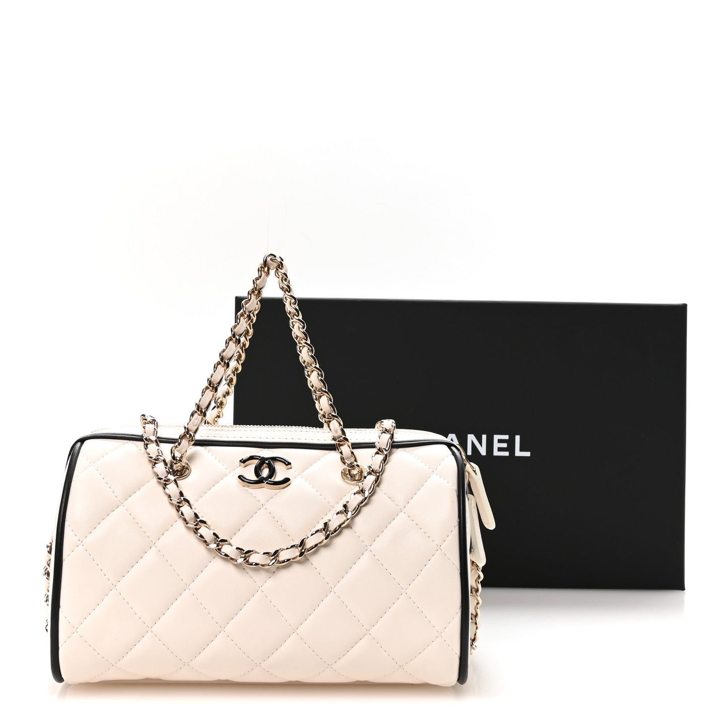 Lambskin Quilted Resin CC Mini Bowling Clutch With Chain White Black