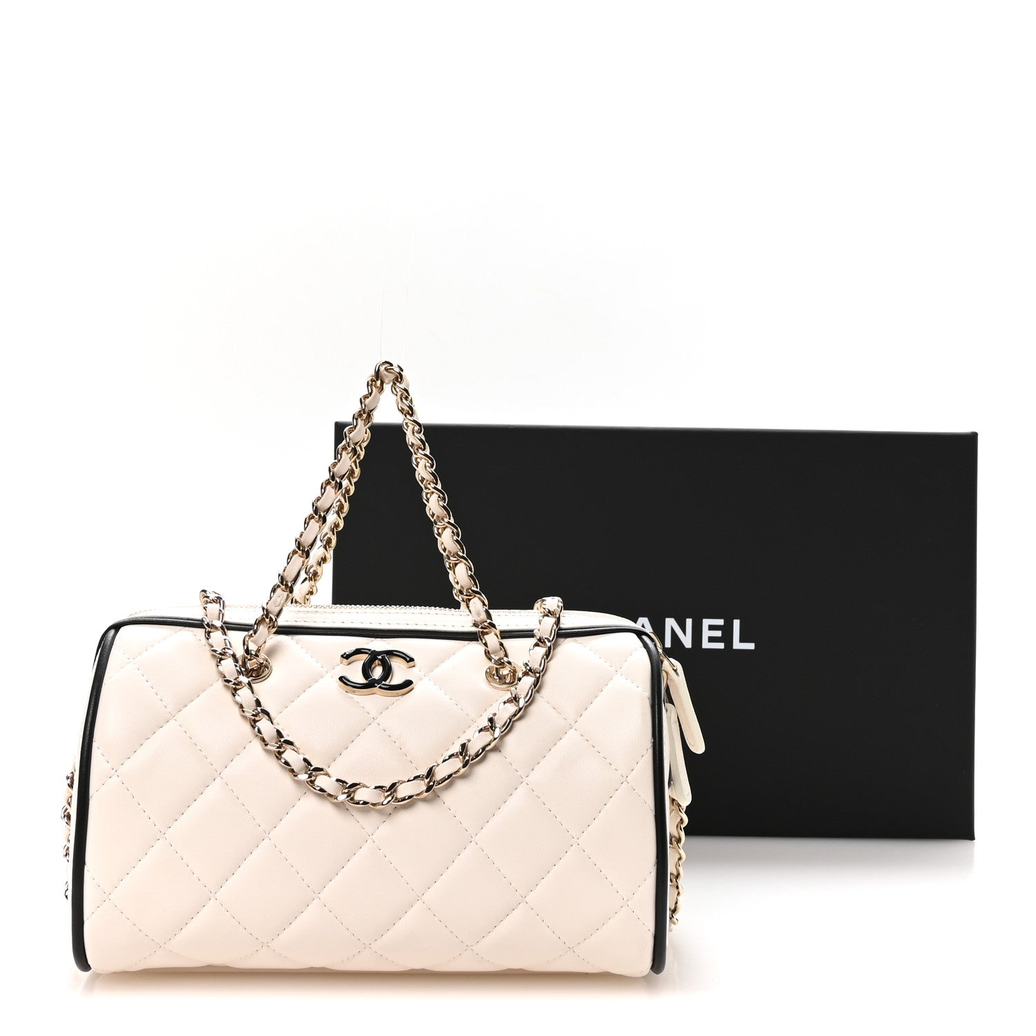 Chanel Lambskin Quilted Resin CC Mini Bowling Clutch With Chain White Black 10 of 10
