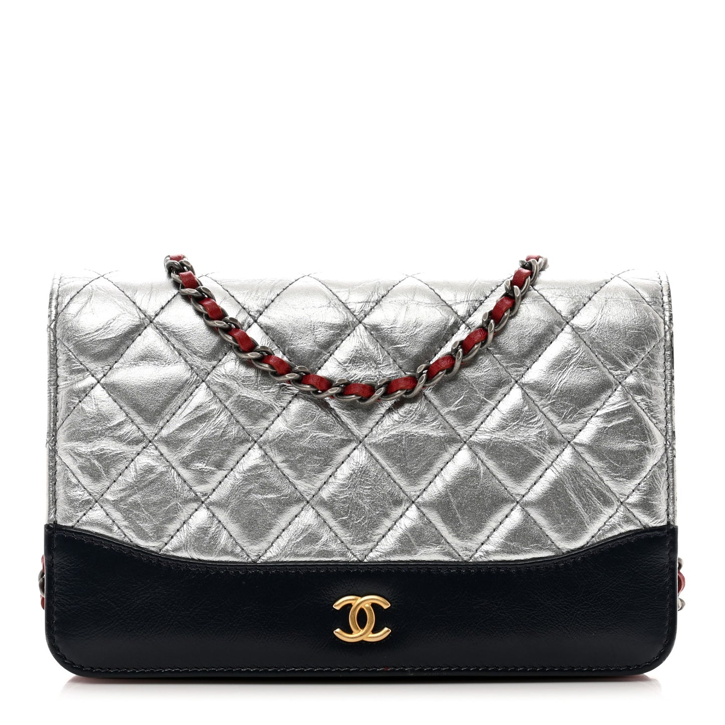 Metallic Aged Calfskin Quilted Gabrielle Wallet On Chain WOC Silver Black