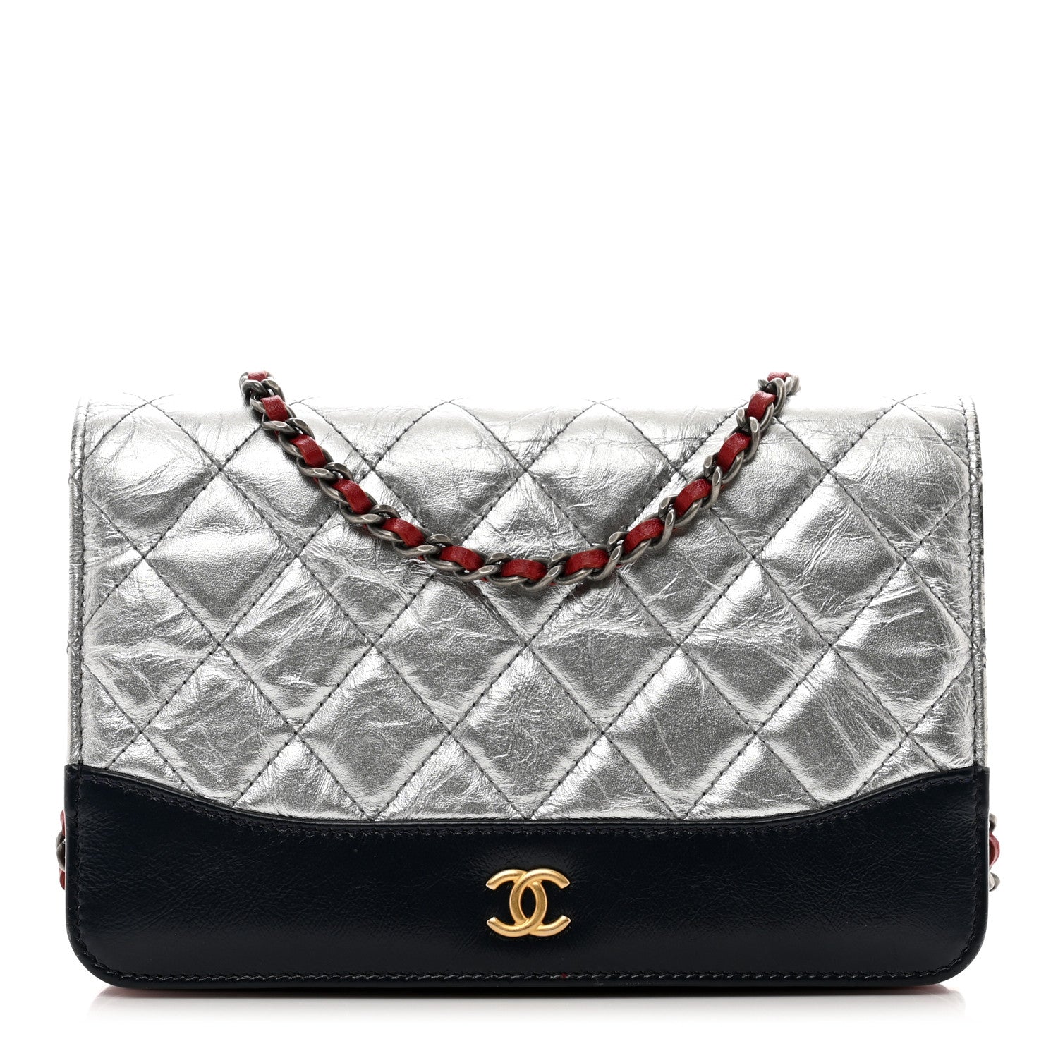 Chanel Metallic Aged Calfskin Quilted Gabrielle Wallet On Chain WOC Silver Black 1 of 14