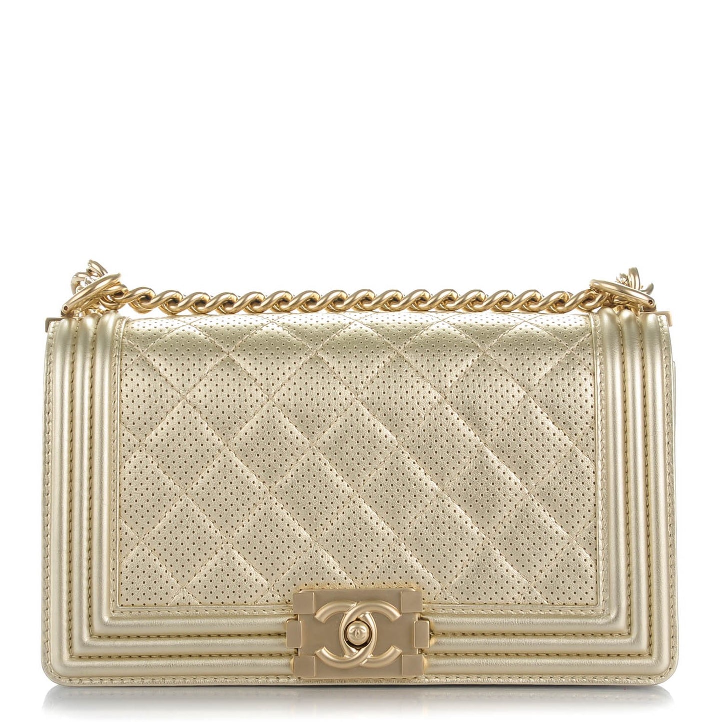 Perforated Lambskin Medium Boy Flap Light Gold