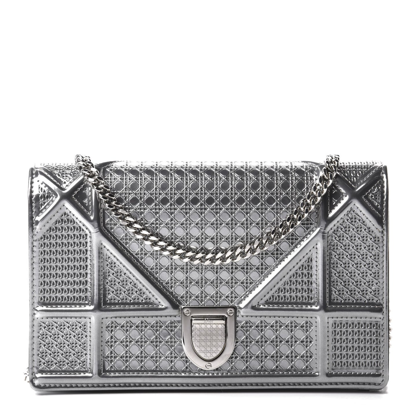 Metallic Patent Micro-Cannage Diorama Wallet on Chain Pouch Silver