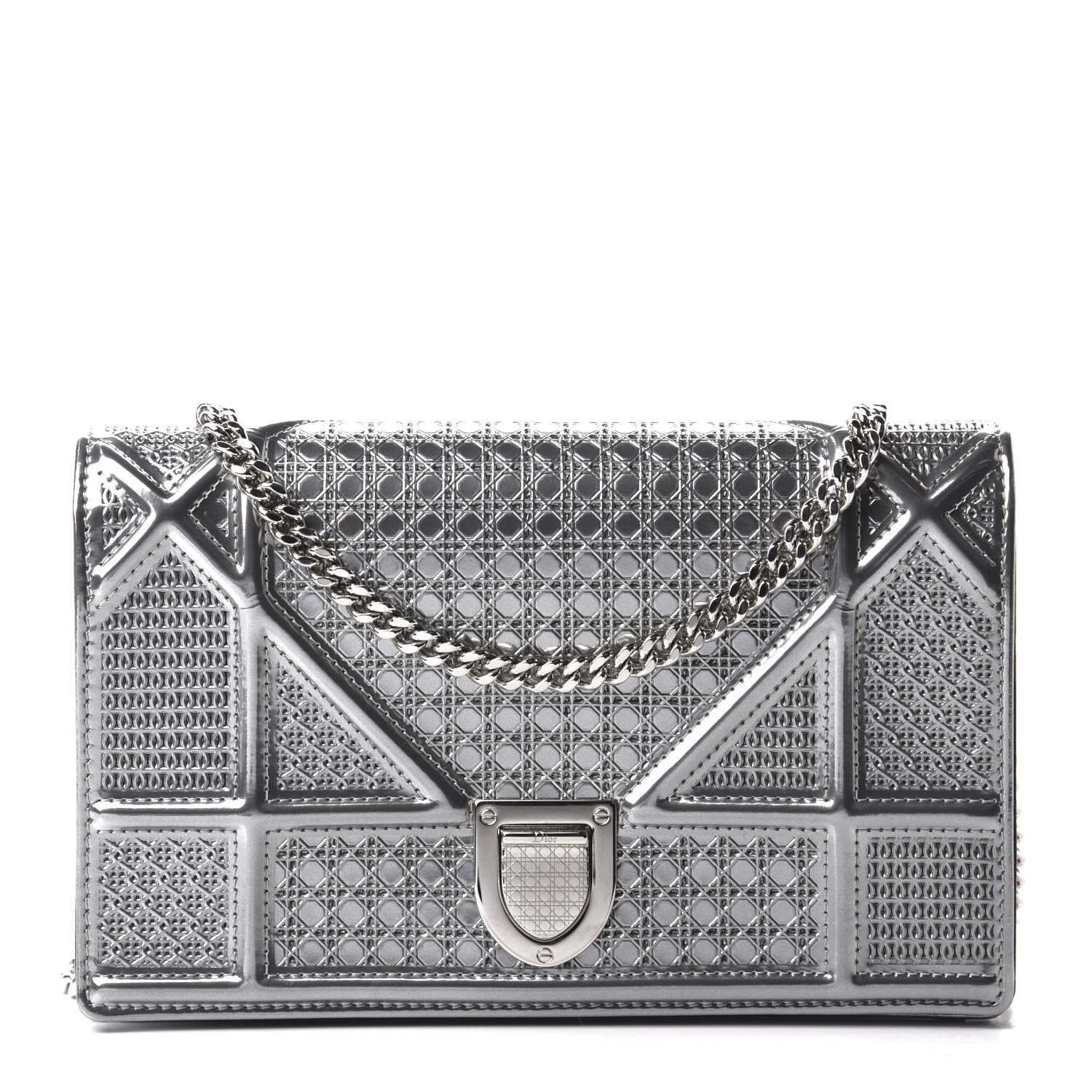 Christian Dior Metallic Patent Micro-Cannage Diorama Wallet on Chain Pouch Silver 1 of 10