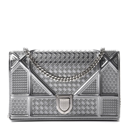 Christian Dior Metallic Patent Micro-Cannage Diorama Wallet on Chain Pouch Silver 1 of 10