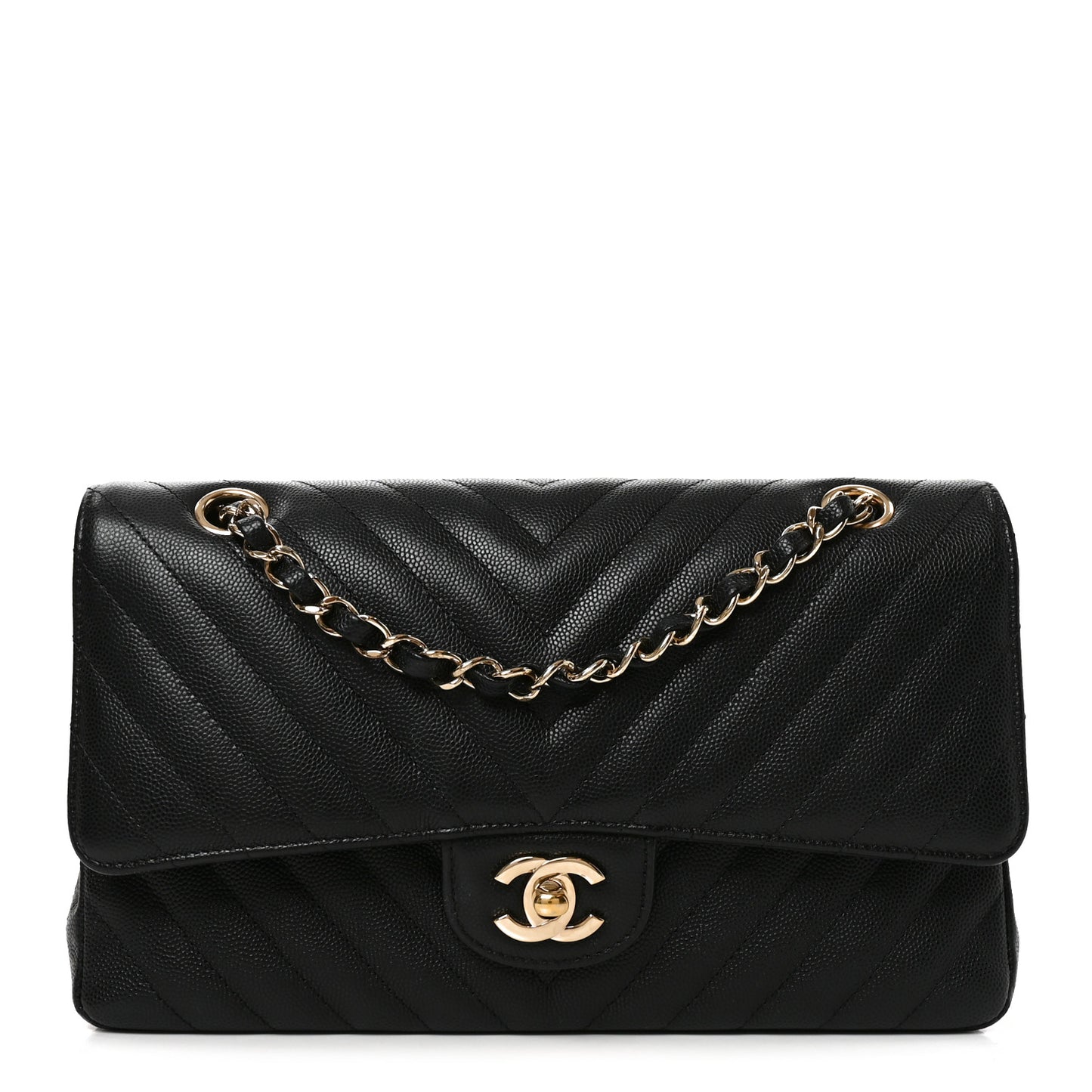 Caviar Chevron Quilted Medium Double Flap Black