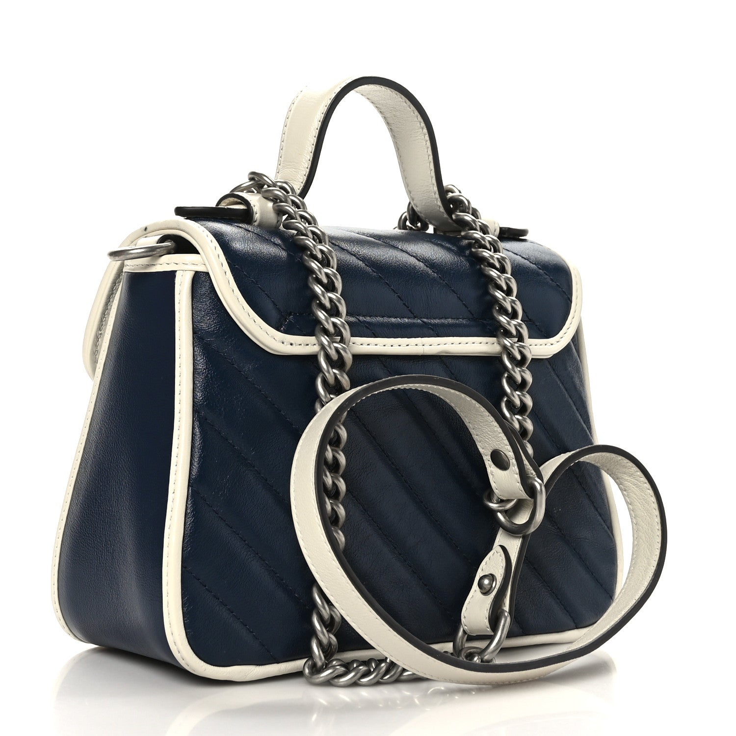 Gucci Vintage Effect Calfskin Matelasse Diagonal Mini Torchon GG Marmont Top Handle Shoulder Bag Blue Agata Mystic White 1 of 9