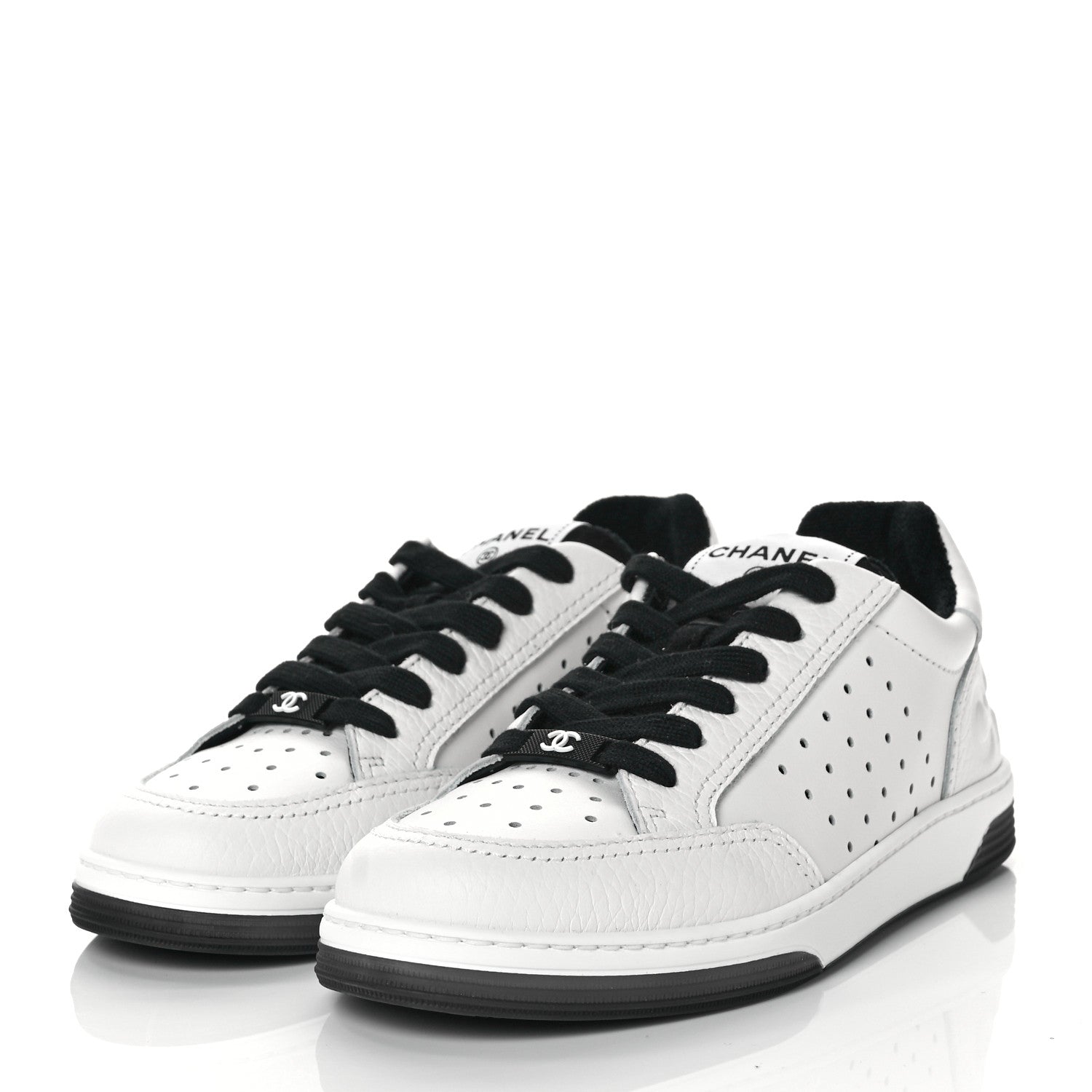 Chanel Grained Calfskin Fabric Womens Logo Sneakers 35.5 White Black 3 of 9