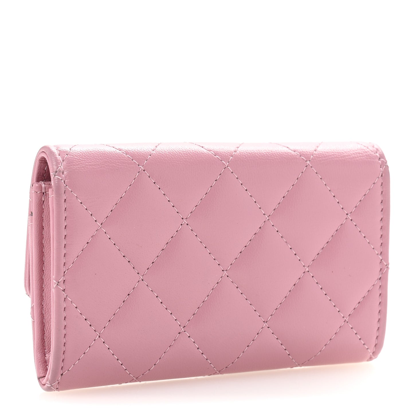 Lambskin Quilted Flap Crystal Star Card Holder Wallet Pink