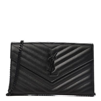 Saint Laurent Grain De Poudre Matelasse Chevron Monogram Chain Wallet Black 1 of 12