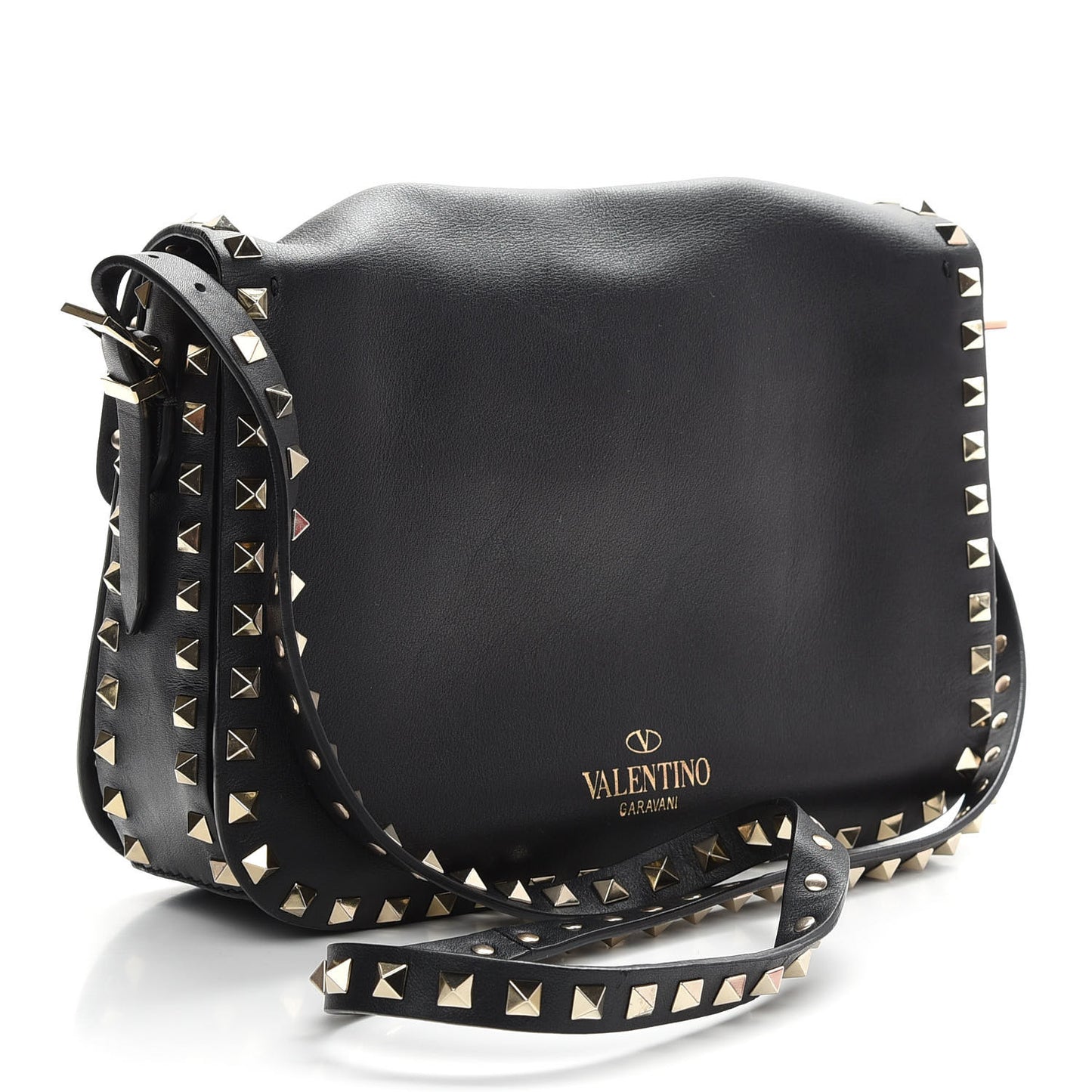 Vitello Medium Rockstud Flap Saddle Bag Black
