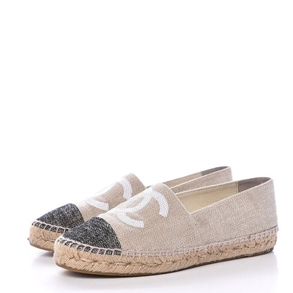 Chanel Toile Sequin CC Espadrilles 38 Beige Black 3 of 10