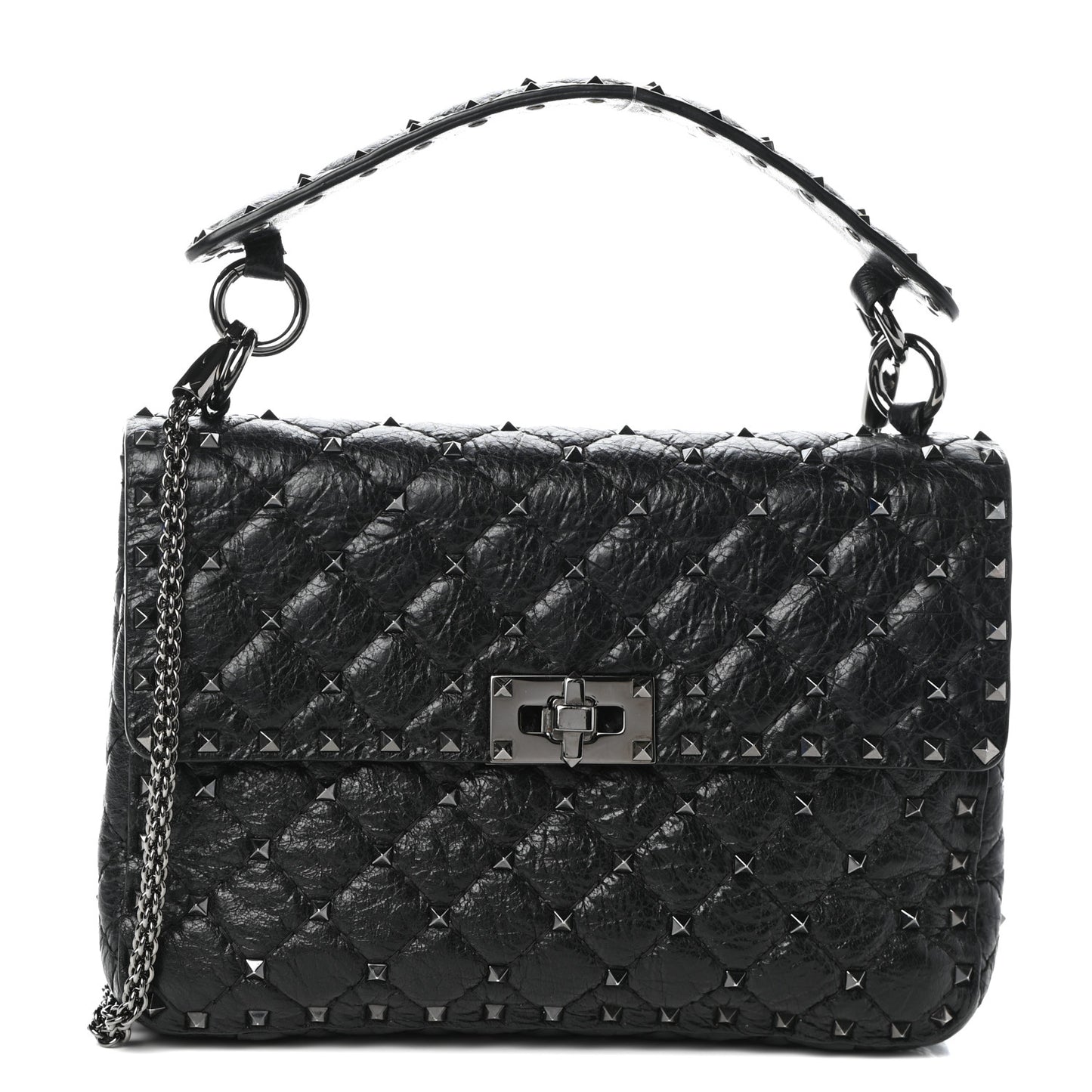 Craquele Nappa Medium Rockstud Spike Shoulder Bag Black