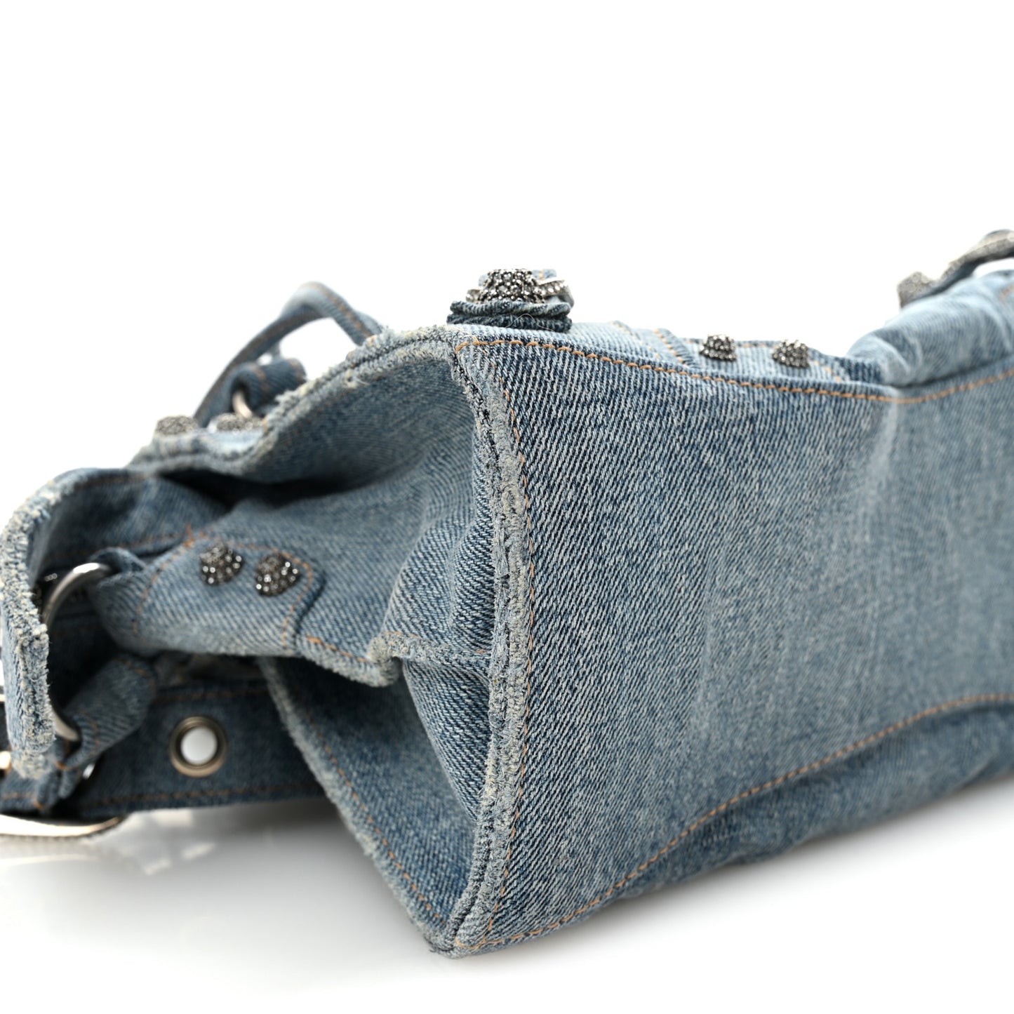 Washed Frayed Denim Crystal Neo Cagole Handbag XS Blue