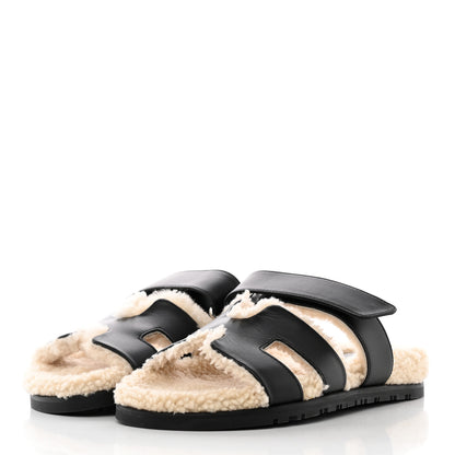 Hermes Calfskin Woolskin Womens Chypre Sandals 36.5 Black Ecru 3 of 13