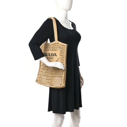 Prada Yarn Raffia Effect Crochet Logo Embroidered Tote Bag Naturale 3 of 7