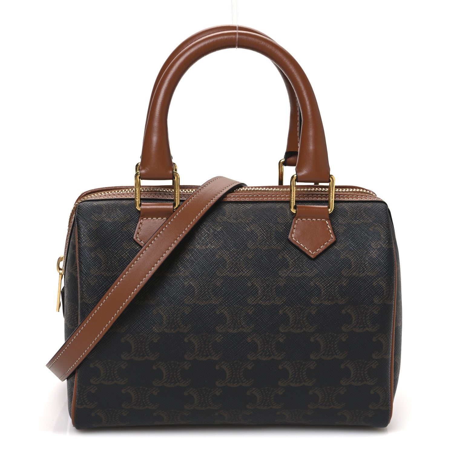 Celine Triomphe Canvas Calfskin Small Boston Bag Tan 1 of 11