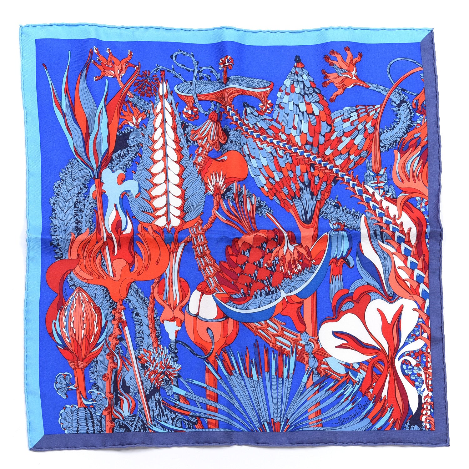 Hermes Silk Fantaisie Botanique Pocket Scarf 45 Bleu Royal Rouge White 1 of 4