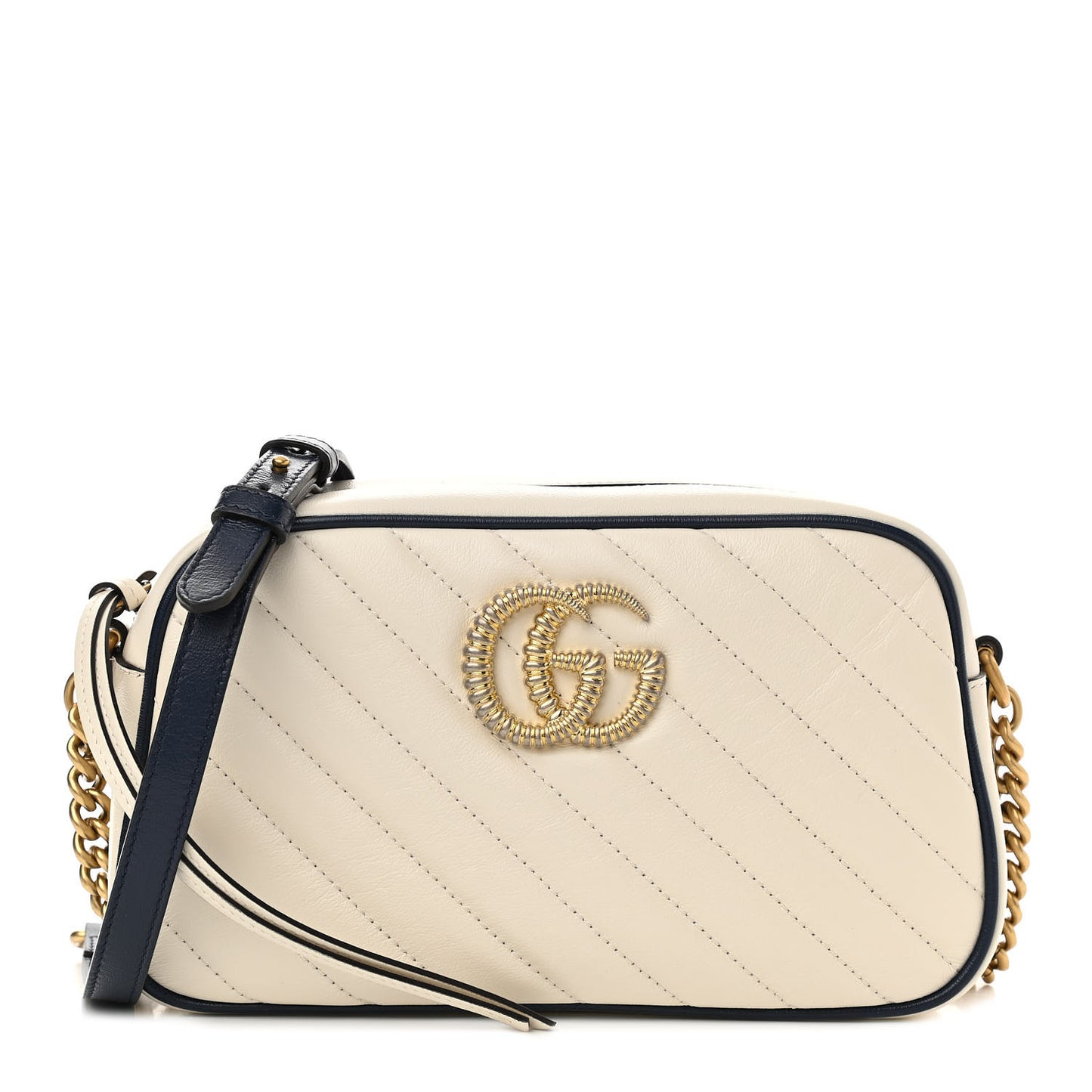Vintage Effect Calfskin Matelasse Diagonal Small Torchon GG Marmont Chain Shoulder Bag Mystic White Blue Agata