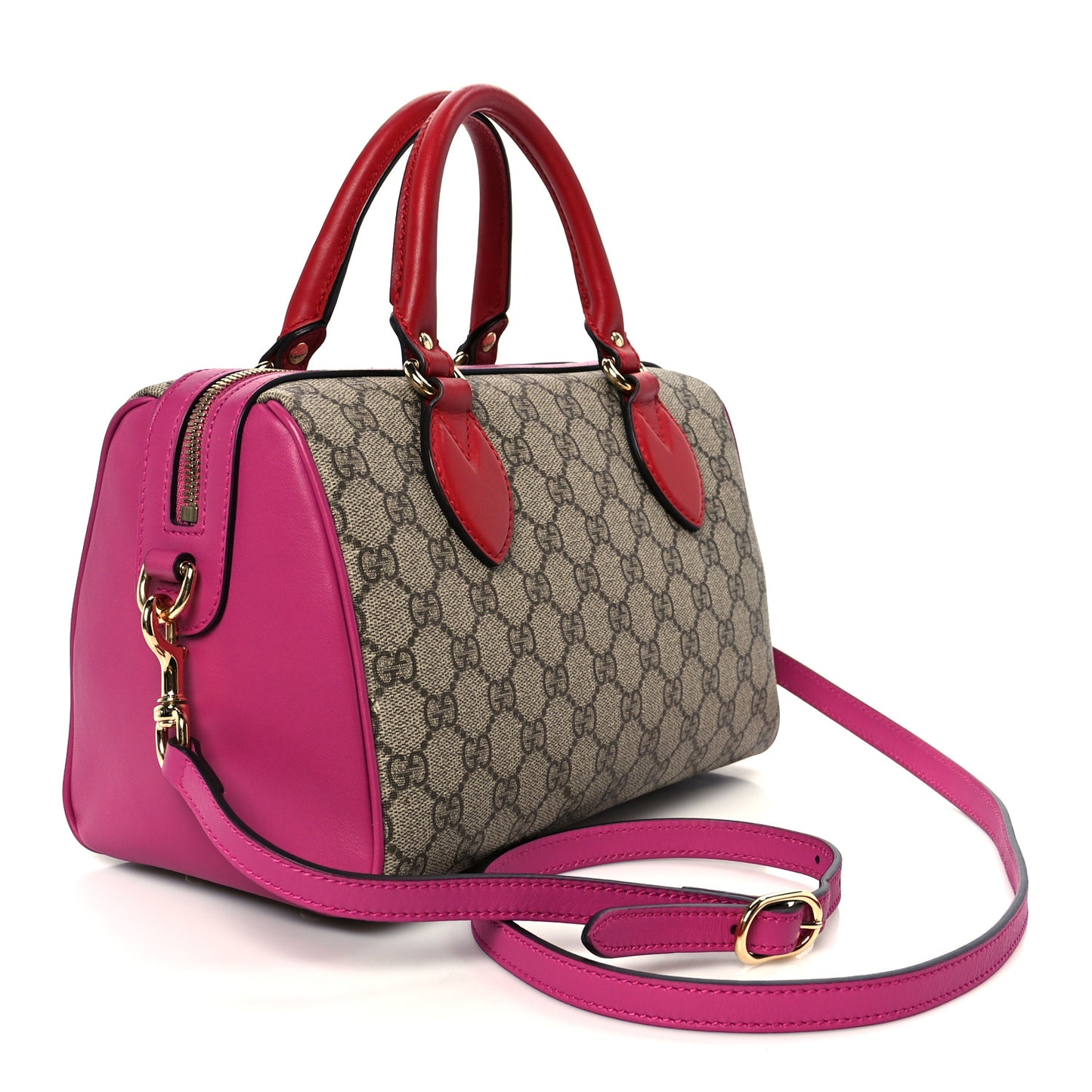 GG Supreme Monogram Moon Calfskin Small Boston Beige Ebony Hibiscus Red New Rosette