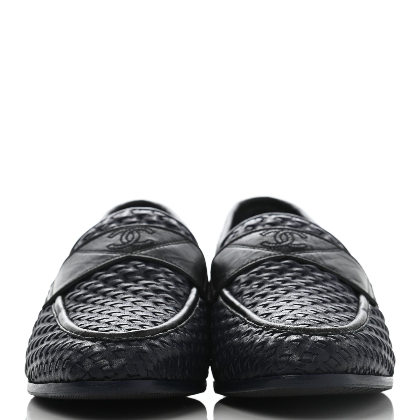 Lambskin Calfskin Braided Mocassin Loafers 38.5 Navy Black